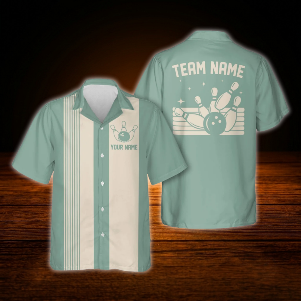 Custom Blue Beige Vintage Bowling Hawaiian Shirt, Custom Vintage Bowling Shirt For Team