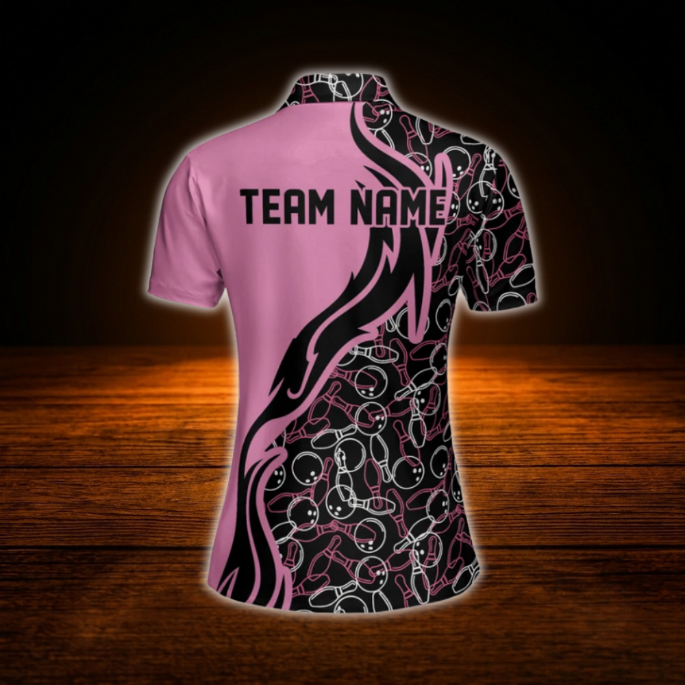 Custom Team Black And Pink Women Bowling Polo Shirts, Custom Team Bowling Shirts For Women