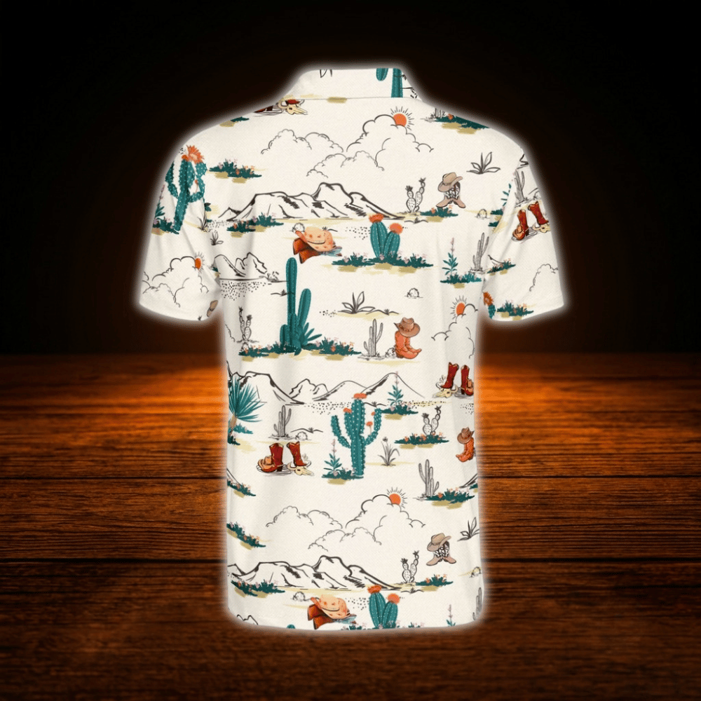 Cowboy Cactus Beige Golf Polo Shirts For Men, Western Golf Shirts