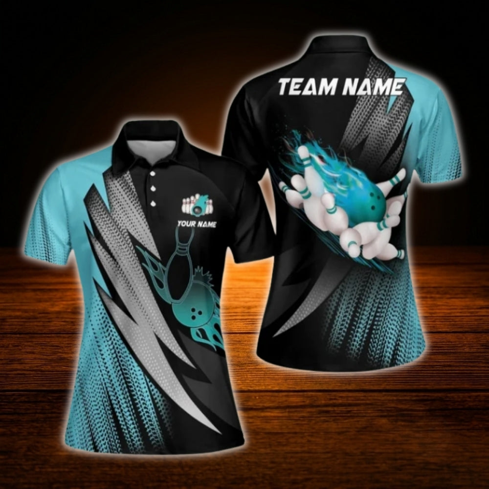 Custom Flame Blue Black Bowling Polo Shirt For Ladies, Custom Flame Bowling Team Shirt Women