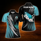 Custom Flame Blue Black Bowling Polo Shirt For Ladies, Custom Flame Bowling Team Shirt Women