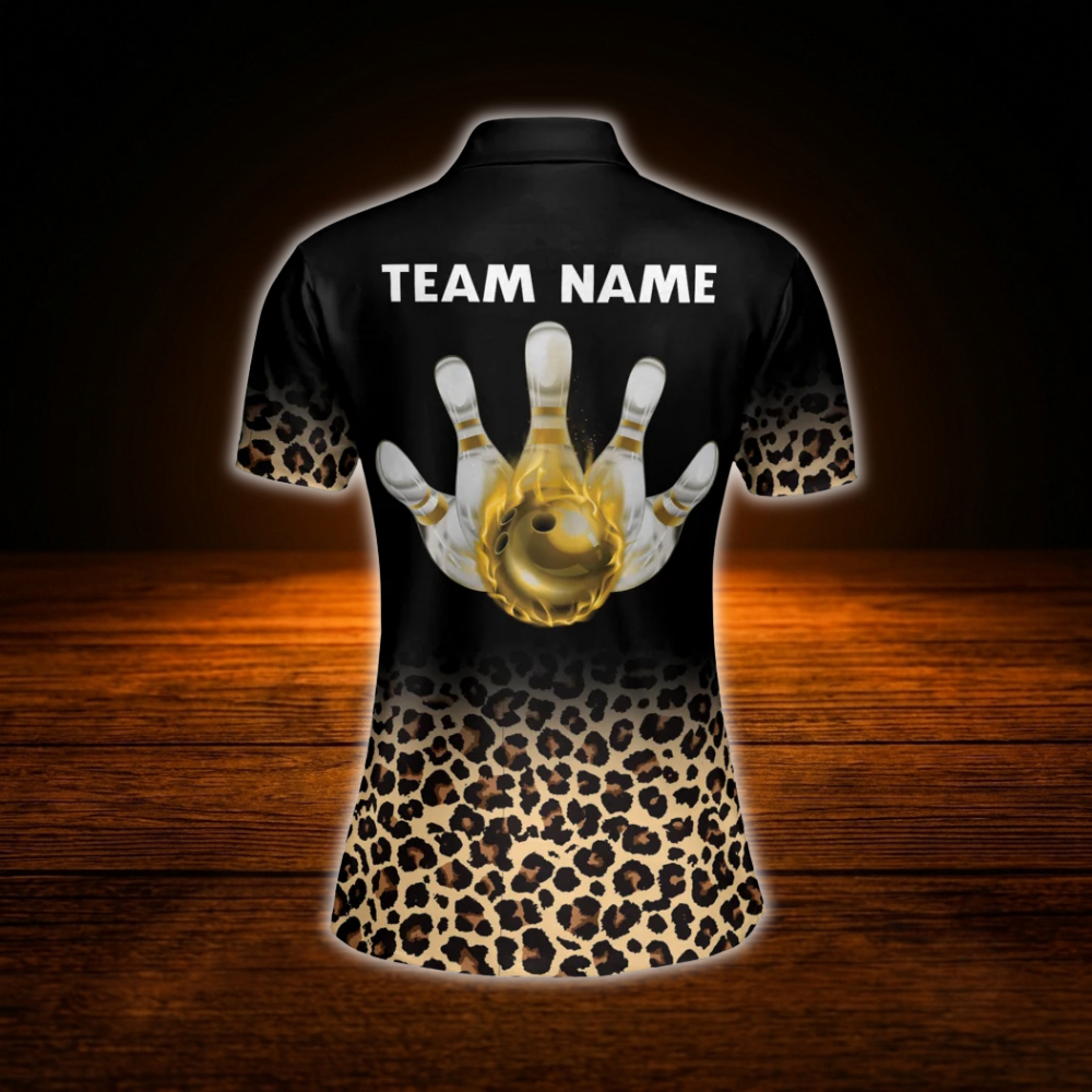 Custom Leopard Yellow Flame Ball Bowling Polo Shirts For Women, Custom Leopard Bowling Shirts For Women