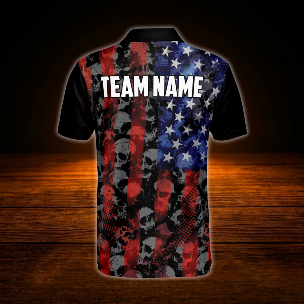 Custom Skull American Flag Bowling Polo Shirt Mens, Custom Patriotic Skull Bowling Team Shirts