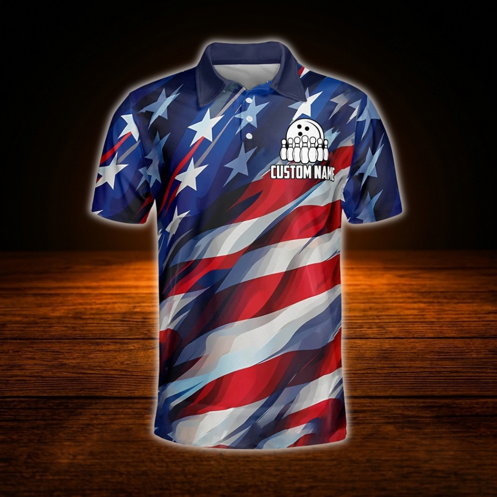 Custom American Flag Strike Bowling Polo Shirts For Men, Custom Patriotic Bowling Team Shirts