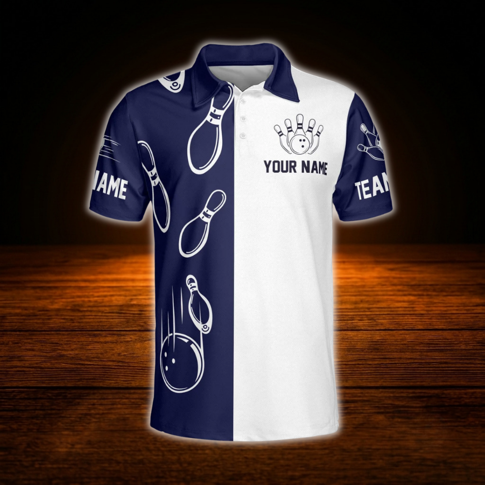 Sometimes I Can Almost Hear The Ten Pins Laughing Custom Men White Navy Bowling Polo Shirt, Custom Funny Bowling Shirt For Team