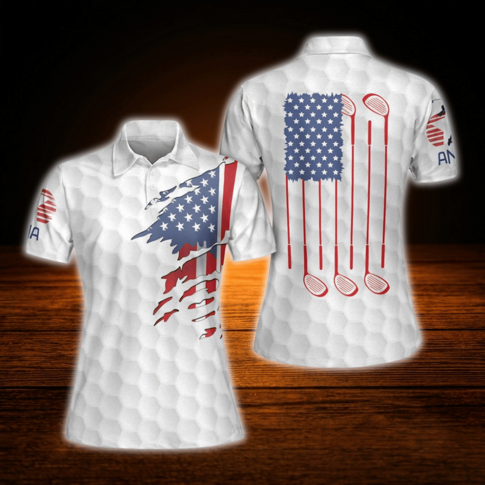 Custom Women's Red White And Blue American Flag Golf Polo Shirts, Custom Patriotic Golf Shirts For Ladies