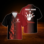Custom Red Flame Bowling Hawaiian Shirt For Men, Custom Flame Bowling Team Shirt