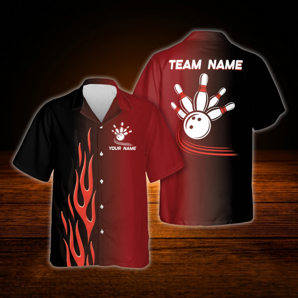 Custom Red Flame Bowling Hawaiian Shirt For Men, Custom Flame Bowling Team Shirt