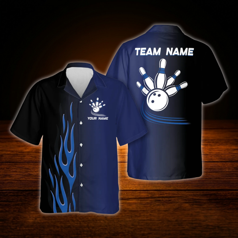 Custom Red Flame Bowling Hawaiian Shirt For Men, Custom Flame Bowling Team Shirt
