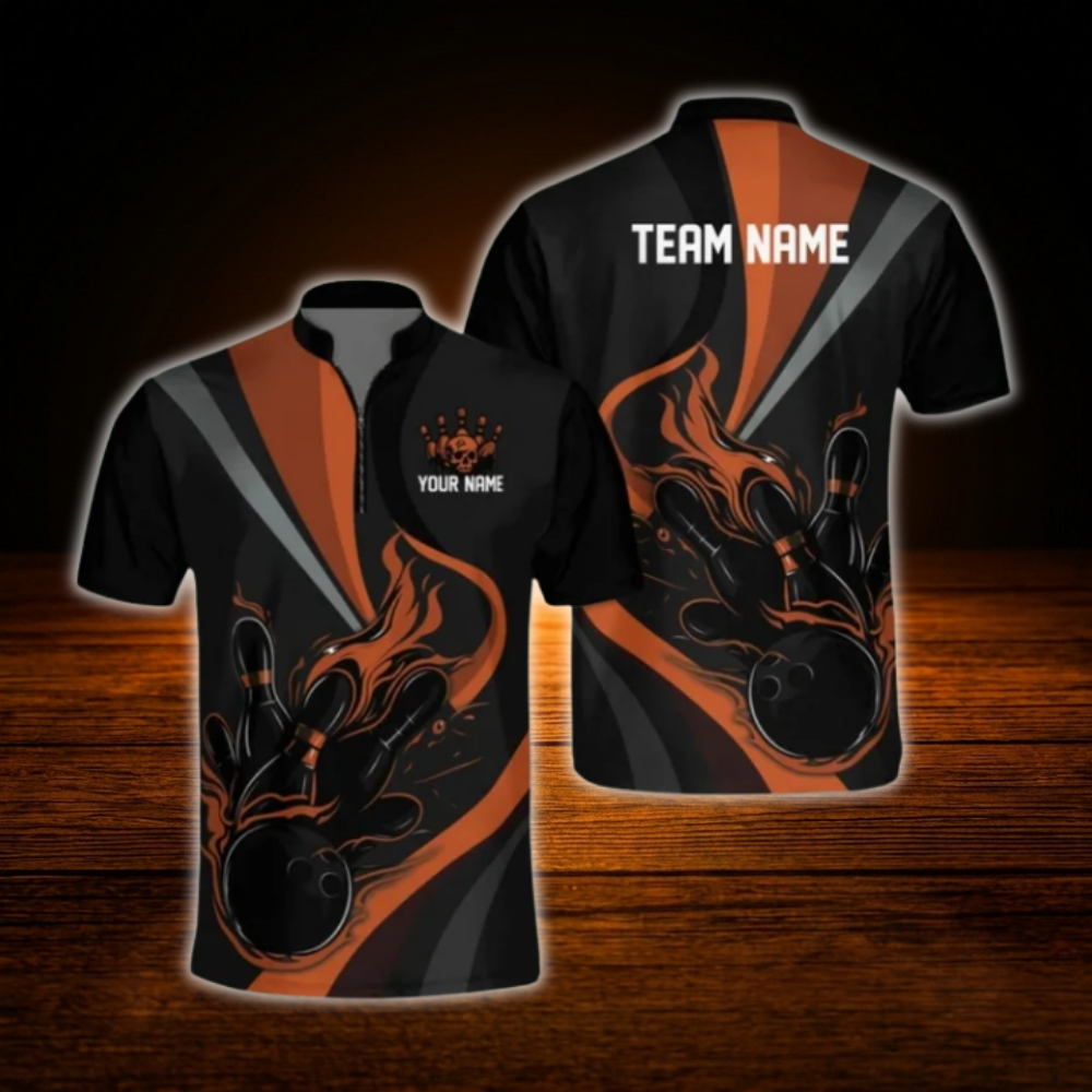 Custom Flame Red Black Bowling Men Jersey, Custom Flame Bowling Team Shirt