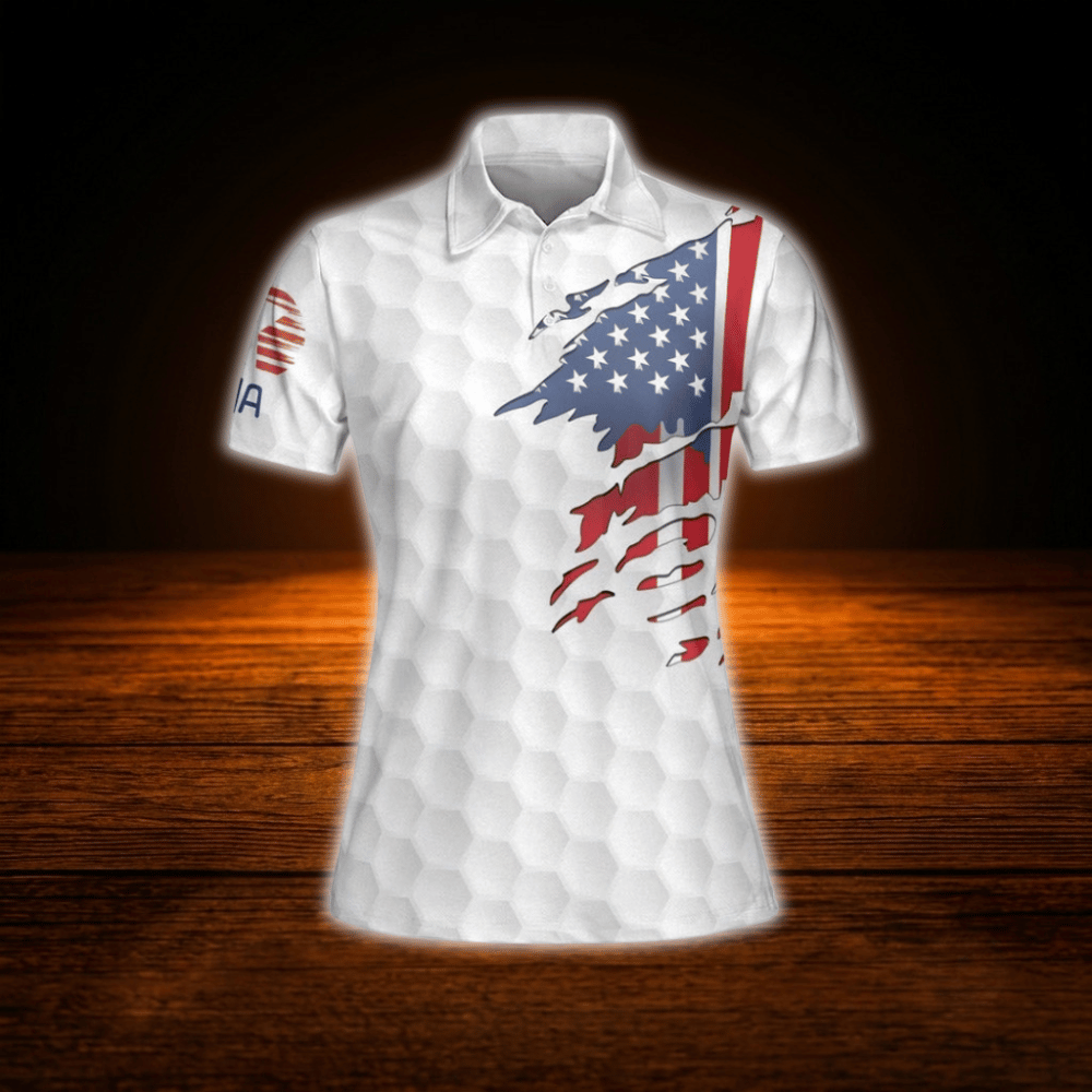 Custom Women's Red White And Blue American Flag Golf Polo Shirts, Custom Patriotic Golf Shirts For Ladies