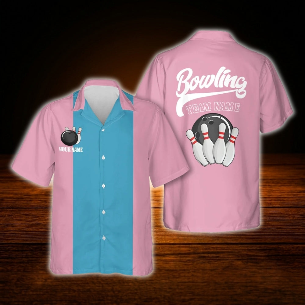 Custom Vintage Pink Blue Bowling Hawaiian Shirt, Custom Team Bowling Shirt Vintage