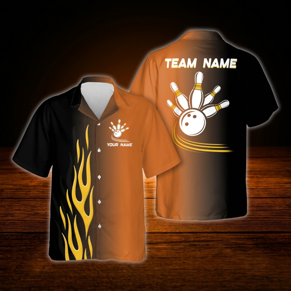 Custom Red Flame Bowling Hawaiian Shirt For Men, Custom Flame Bowling Team Shirt