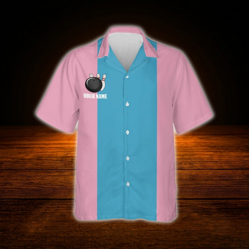 Custom Vintage Pink Blue Bowling Hawaiian Shirt, Custom Team Bowling Shirt Vintage
