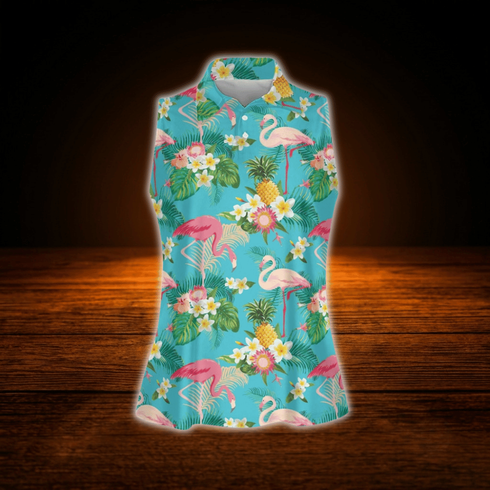 Flamingo Floral Palm Tree Tropical Women's Sleeveless Golf Shirt, Flamingo Golf Shirt For Ladies