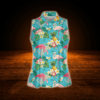 Flamingo Floral Palm Tree Tropical Women's Sleeveless Golf Shirt, Flamingo Golf Shirt For Ladies