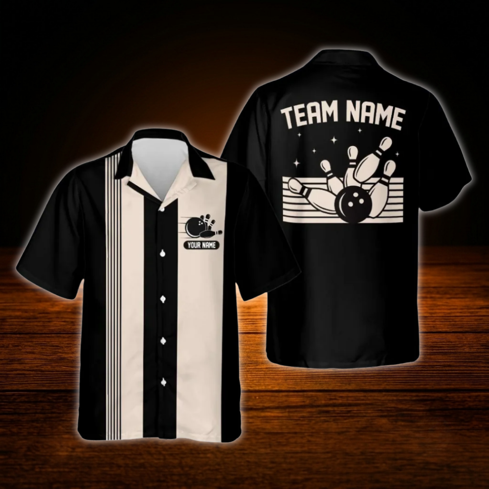 Custom Vintage Bowling Hawaiian Shirt Black Beige, Custom Vintage Bowling Shirt Team