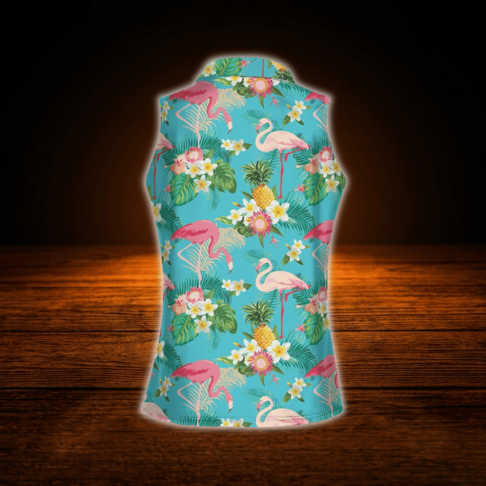 Flamingo Floral Palm Tree Tropical Women's Sleeveless Golf Shirt, Flamingo Golf Shirt For Ladies