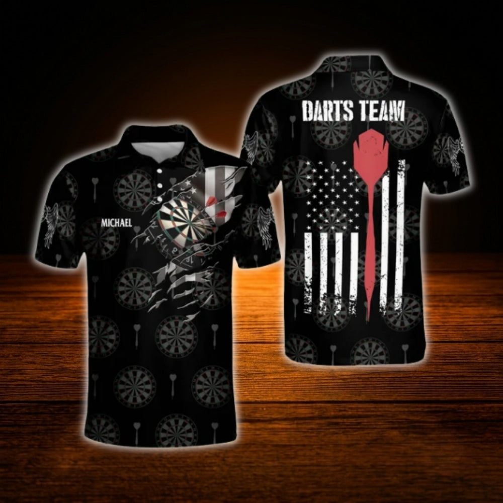 Custom USA Flag Black Darts Polo Shirt Men, Custom Patriotic Dart Team Shirt