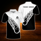 Black And White Custom Flame Bowling Polo Shirt, Custom Team Flame Bowling Shirt
