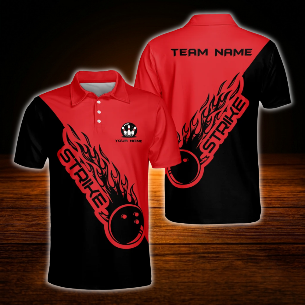 Black And White Custom Flame Bowling Polo Shirt, Custom Team Flame Bowling Shirt