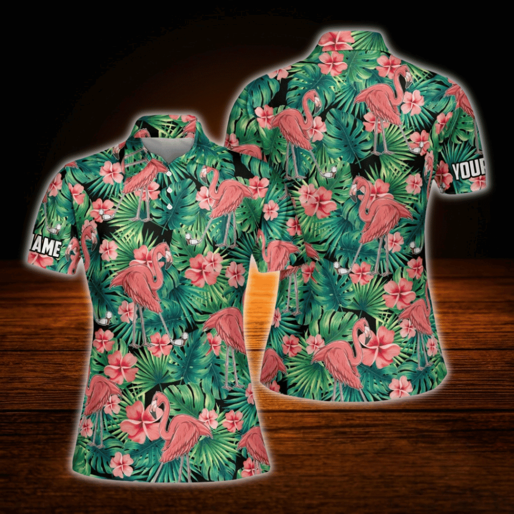 Personalized Tropical Flamingo Golf Polo Shirt For Women, Custom Flamingo Golf Shirts Womens