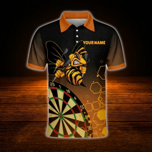 Angry Bee Custom Mens Dart Polo Shirt Orange Black, Custom Bee Darts Team Shirt