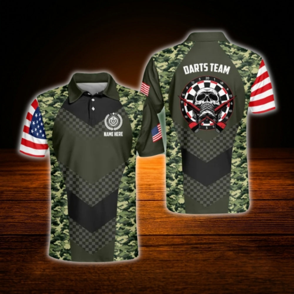 Custom Camo USA Flag Dart Men Polo Shirt, Custom Camo Dart Team Shirt