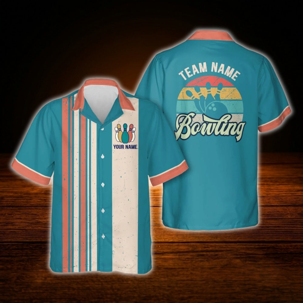 Custom Teal Vintage Bowling Hawaiian Shirt For Men Women, Custom Vintage Team Bowling Shirt
