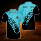 Black And White Custom Flame Bowling Polo Shirt, Custom Team Flame Bowling Shirt