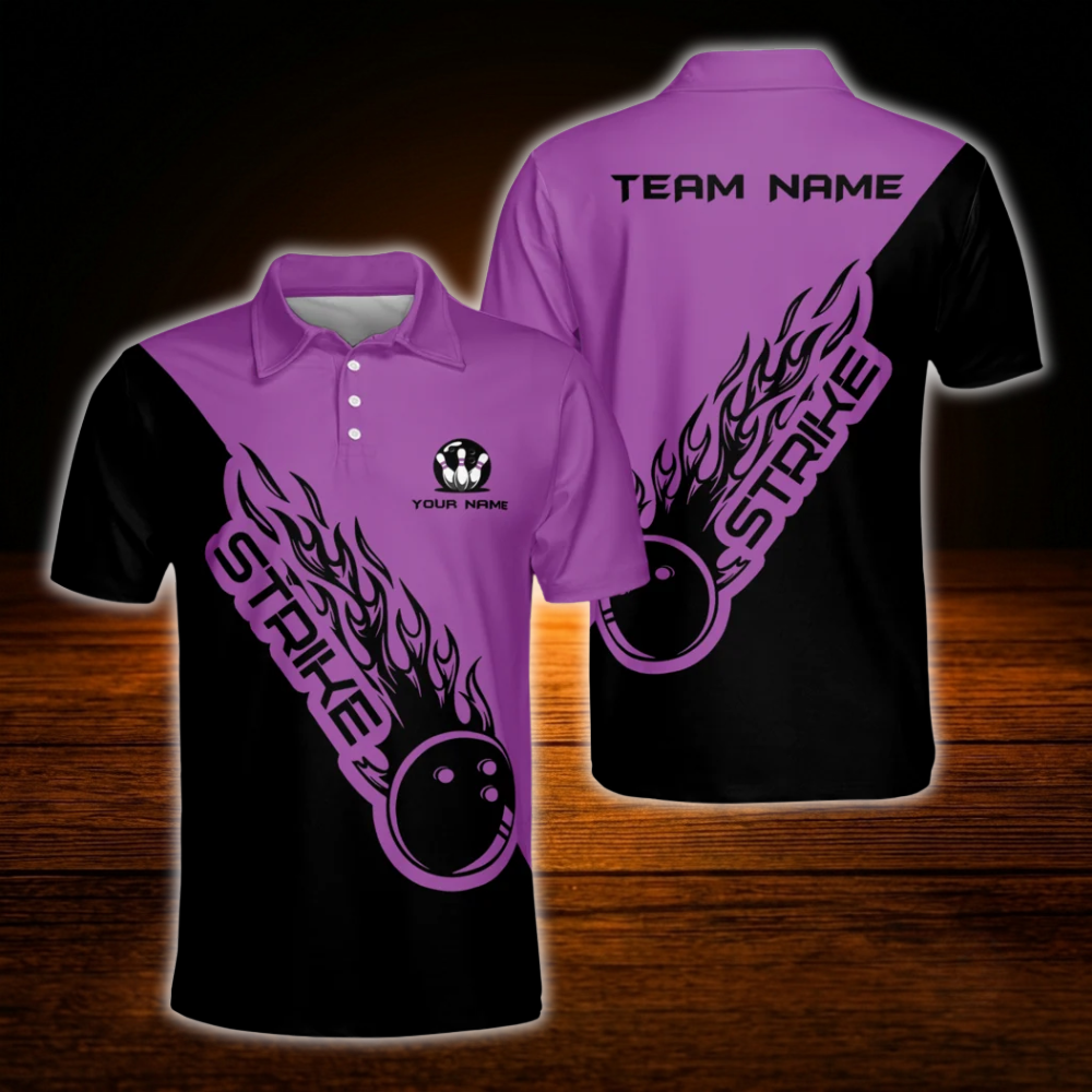 Black And White Custom Flame Bowling Polo Shirt, Custom Team Flame Bowling Shirt