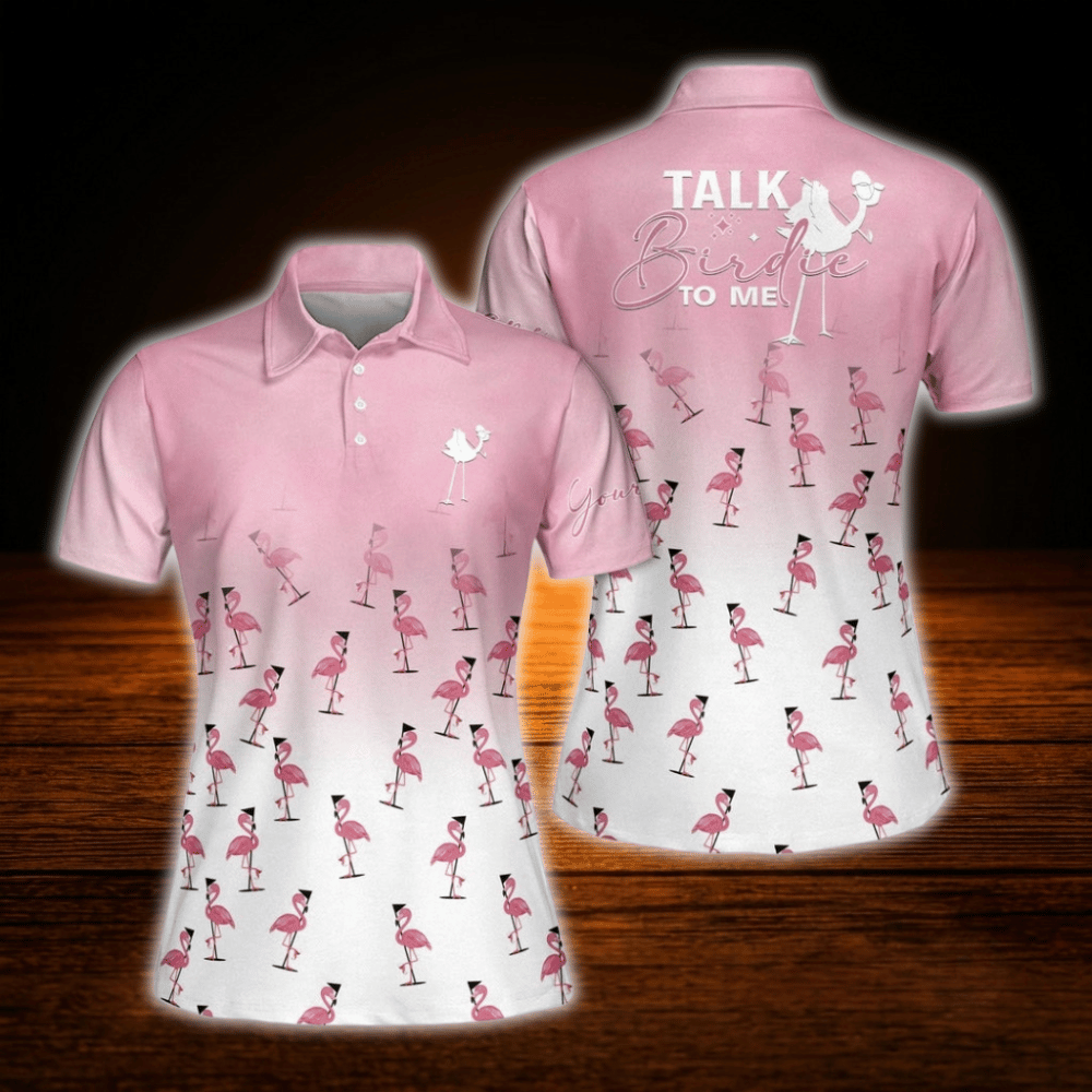 Custom Talk Birdie To Me Pink Golf Polo Shirt For Women, Custom Flamingo Golf Shirt For Ladies