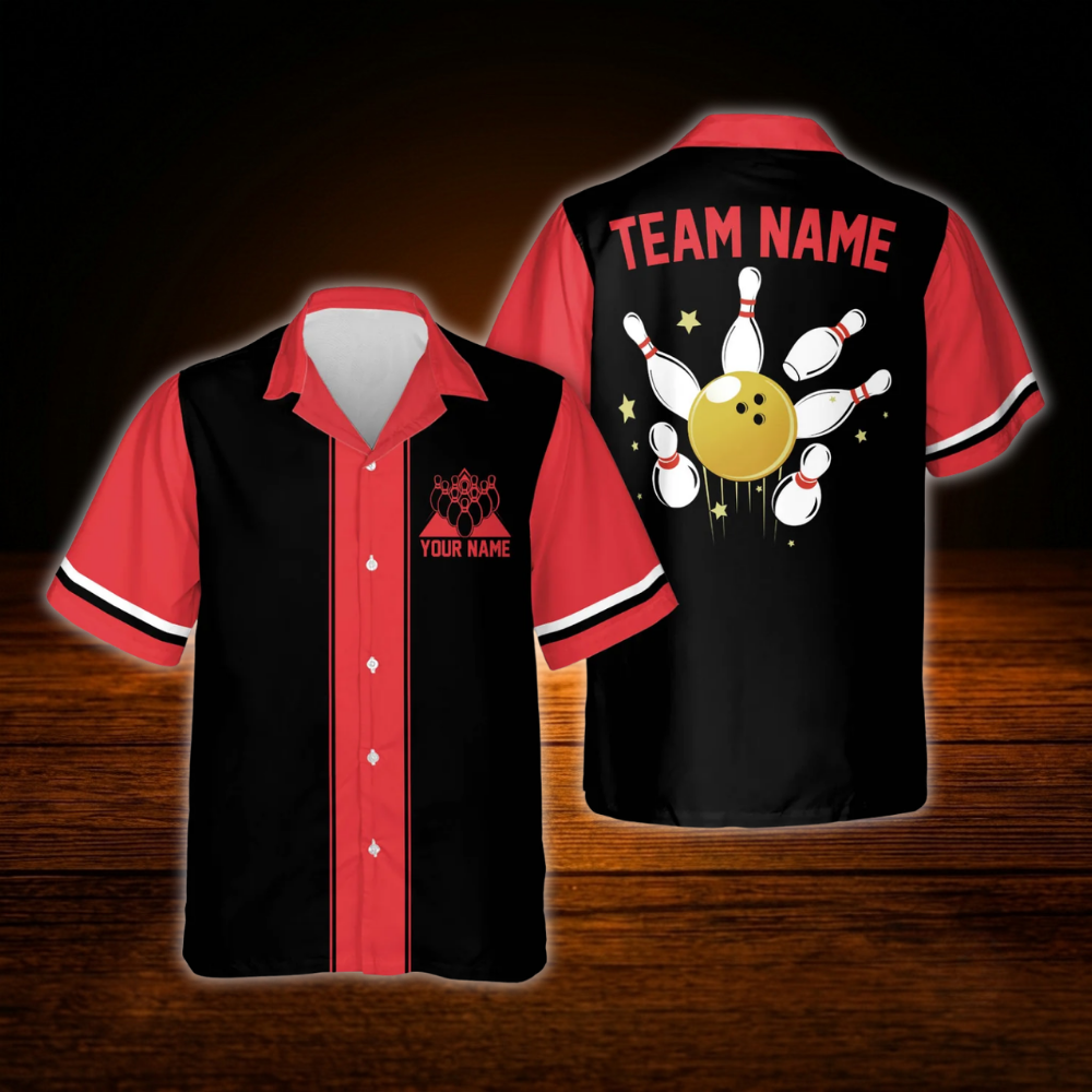 Custom Vintage Red Black Bowling Hawaiian Shirt, Custom Vintage Team Bowling Shirt