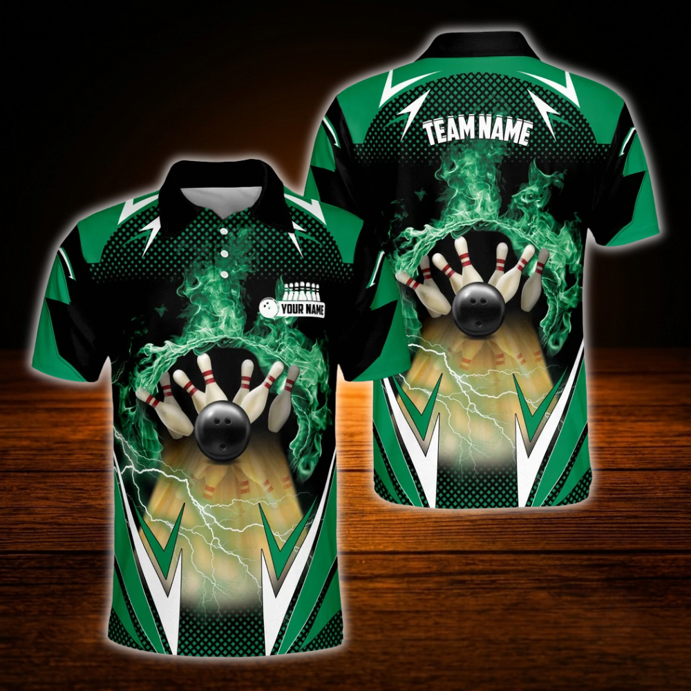 Custom Flame Black Polo Bowling Shirt For Men, Custom Flame Bowling Team Shirts