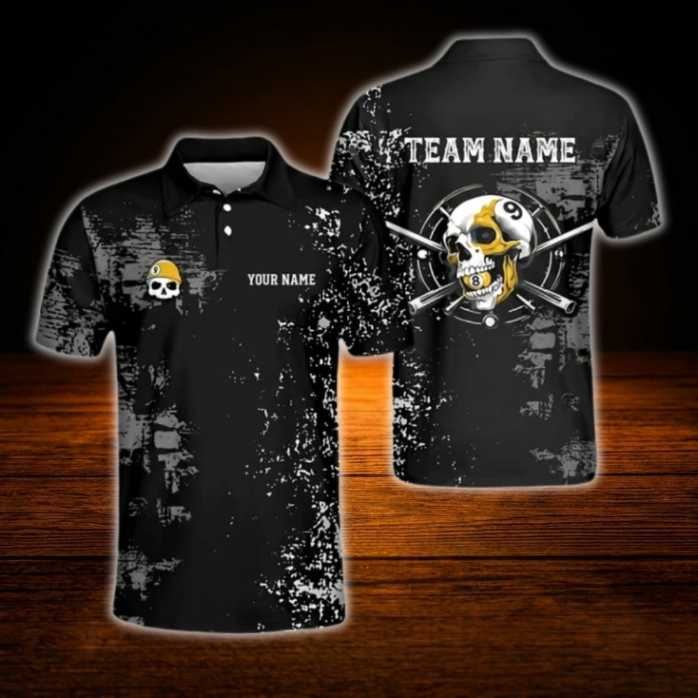 Custom Skull 8 Ball Billiard Men Polo Shirt Black Blue, Custom Team Skull Billiard Shirt