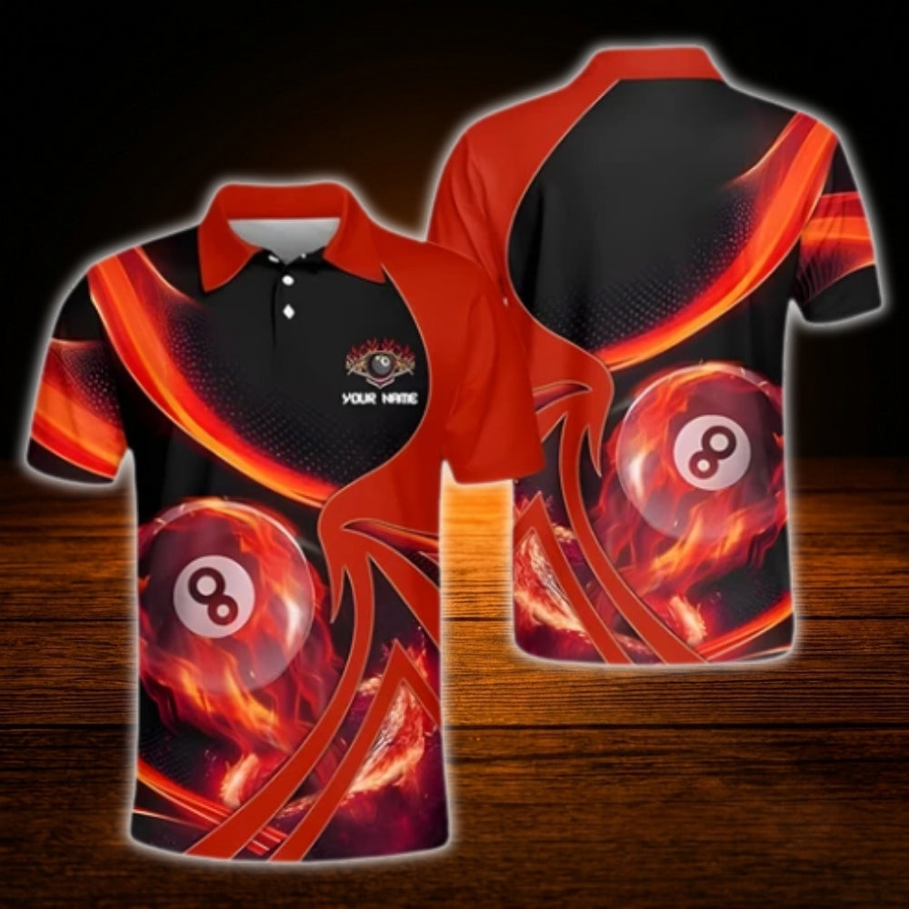 Custom 8 Ball Flaming Billiard Polo Shirt Red, Custom Flame Billiard Team Shirt