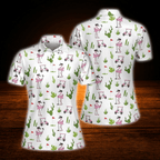 Flamingo Cactus Ladies Golf Polo Shirt, Flamingo Golf Shirt For Women