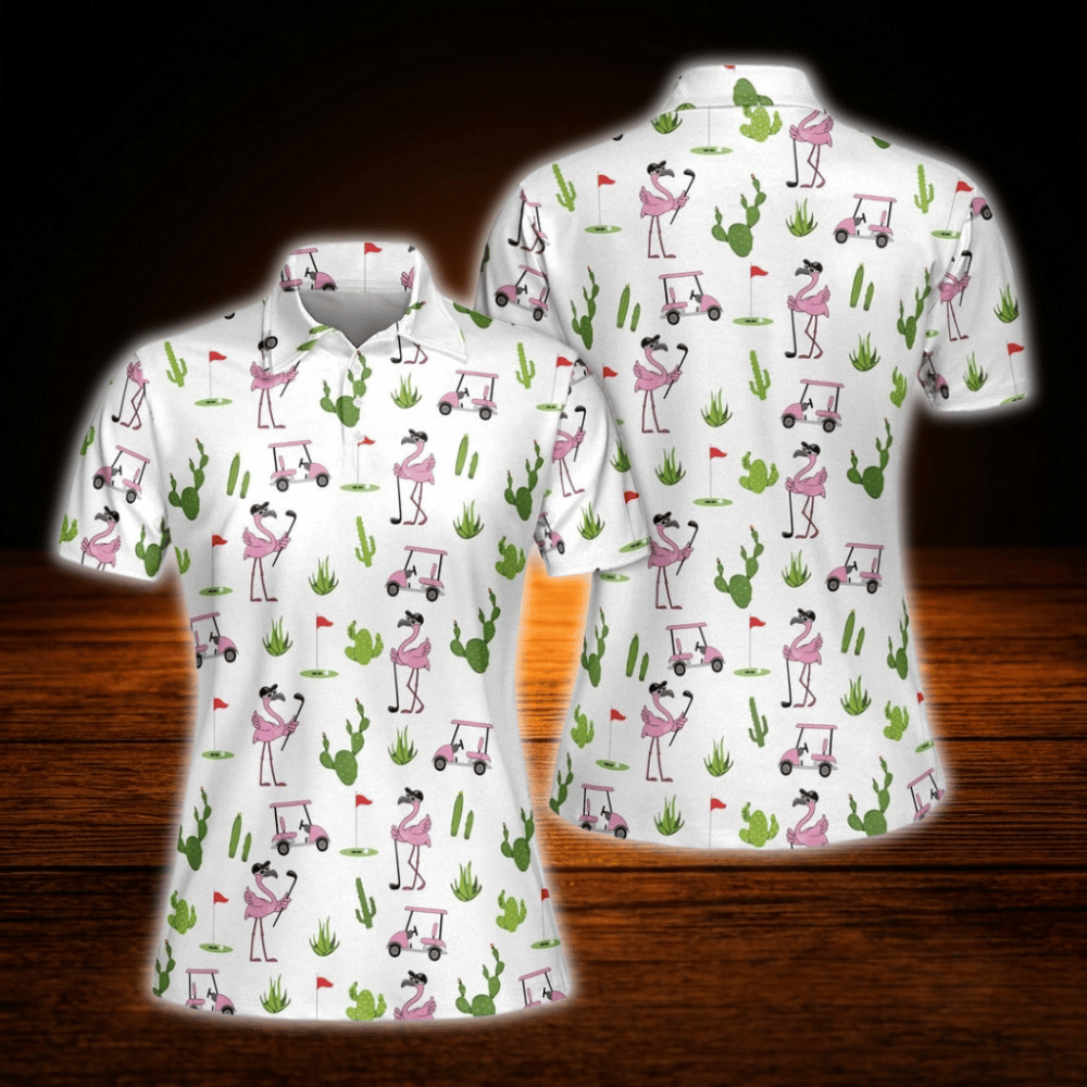 Flamingo Cactus Ladies Golf Polo Shirt, Flamingo Golf Shirt For Women