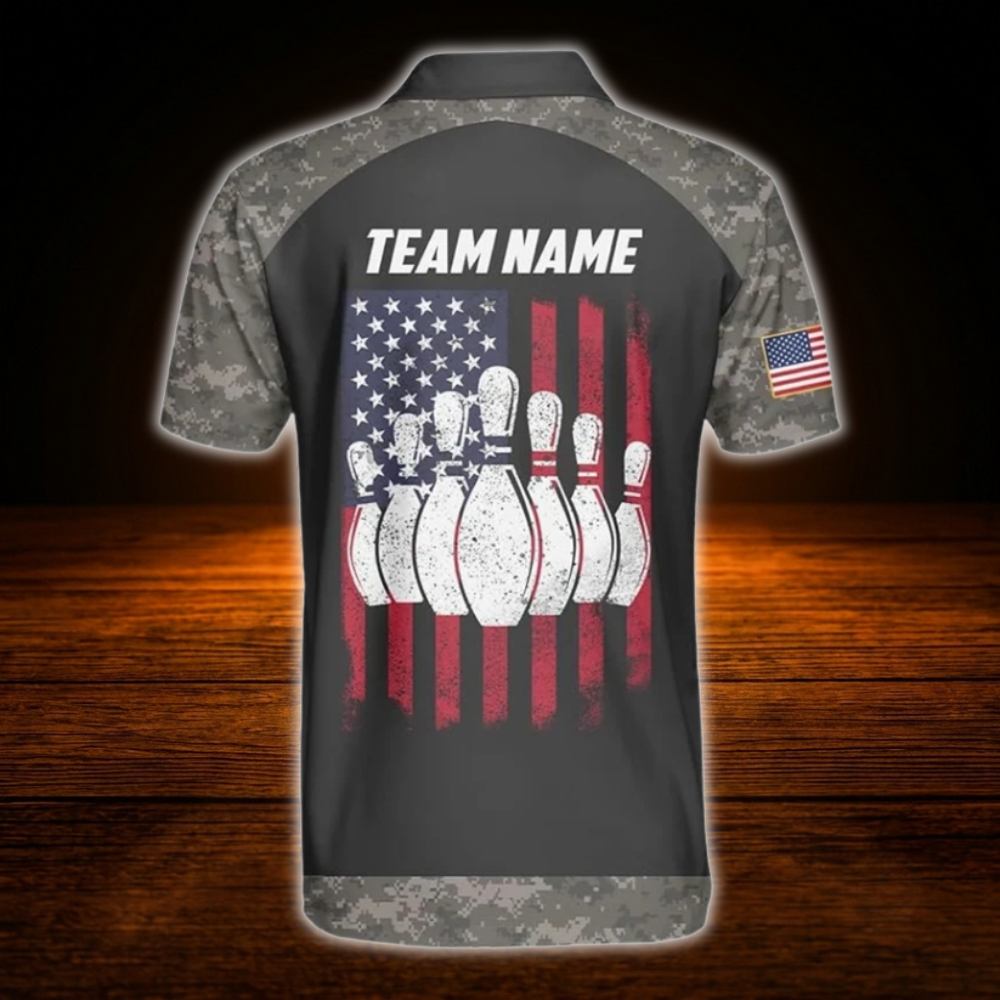 Custom American Flag Camo Bowling Polo Shirts For Men, Custom Patriotic Bowling Team Shirts