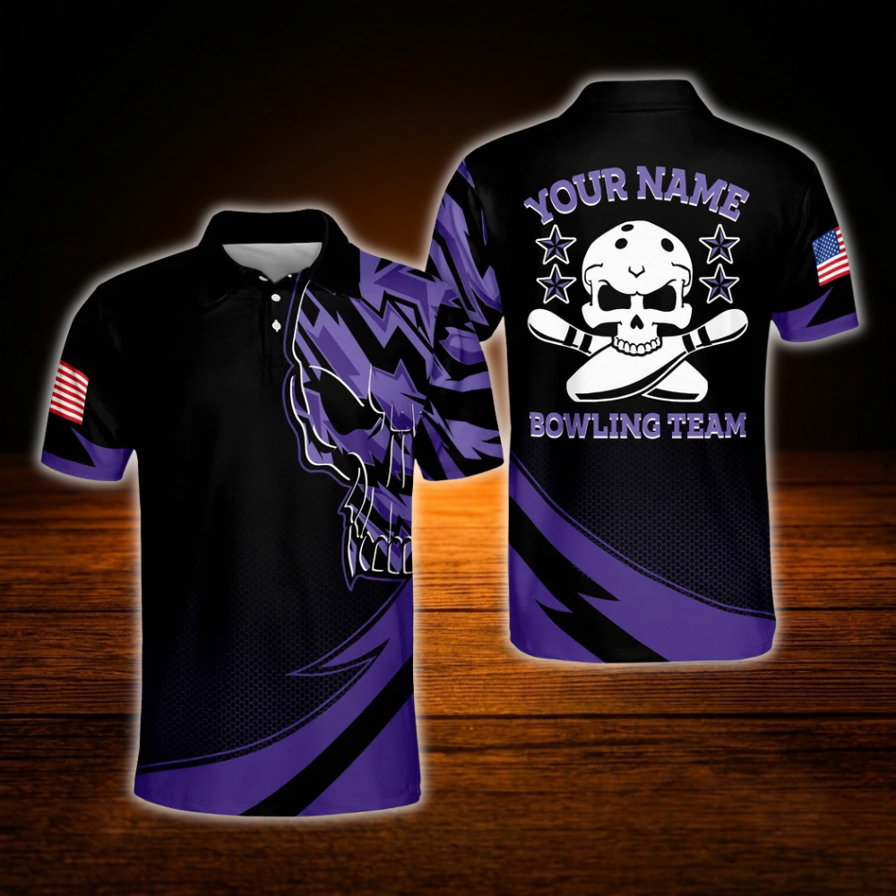 Custom Skull Purple Mens Bowling Polo Shirts, Custom Skull Bowling Team Shirts