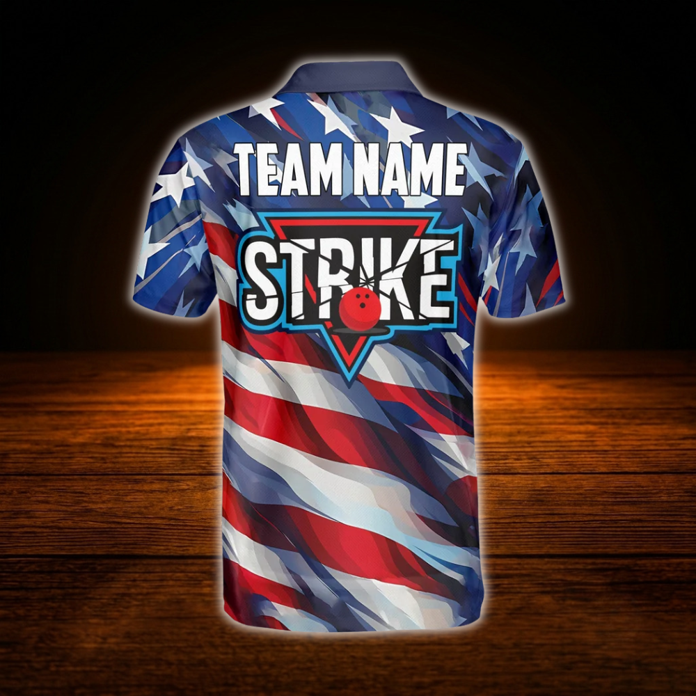 Custom American Flag Strike Bowling Polo Shirts For Men, Custom Patriotic Bowling Team Shirts