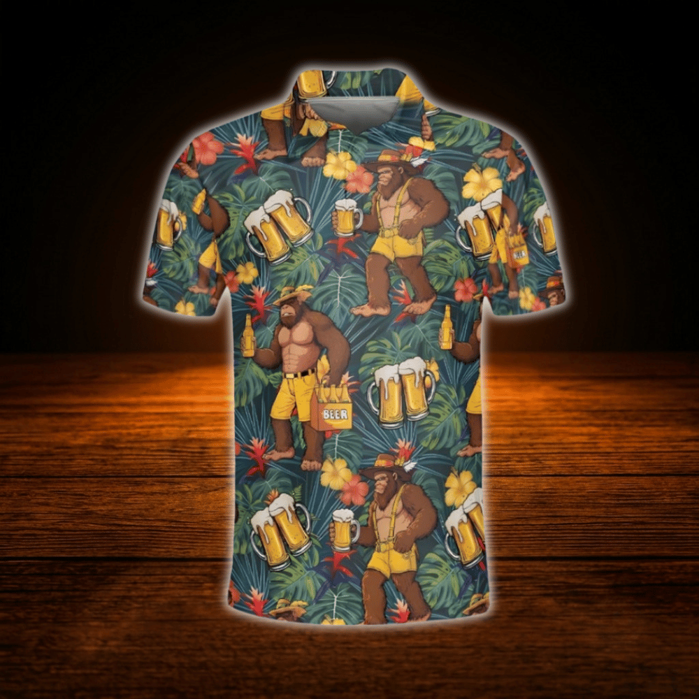 Funny Beer Bigfoot Tropical Men's Golf Polo Shirt, Bigfoot Golf Shirt