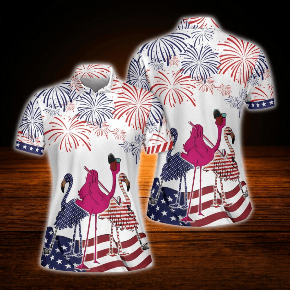 Flamingo USA Flag Golf Shirts For Women, 4th Of July Flamingo Golf Shirts For Ladies