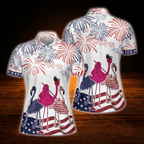 Flamingo USA Flag Golf Shirts For Women, 4th Of July Flamingo Golf Shirts For Ladies