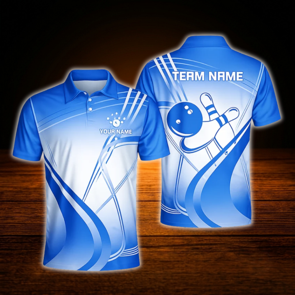 Custom Cyan Team Bowling Mens Polo Shirts, Custom Team Bowling Shirts