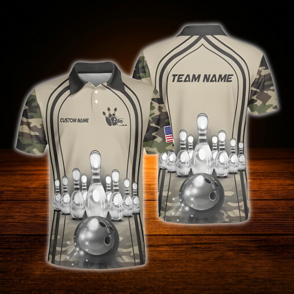 Custom Camoflage Mens Polo Bowling Shirts, Custom Camo Bowling Team Shirts
