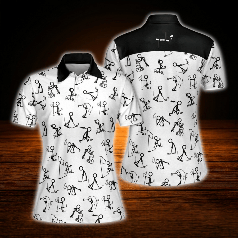 Black And White Stickfigures Ladies Golf Polo Shirts, Funny Golf Shirts For Women