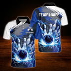 Custom Team Thunder Mens Blue Bowling Polo Shirt, Custom Bowling Team Shirts
