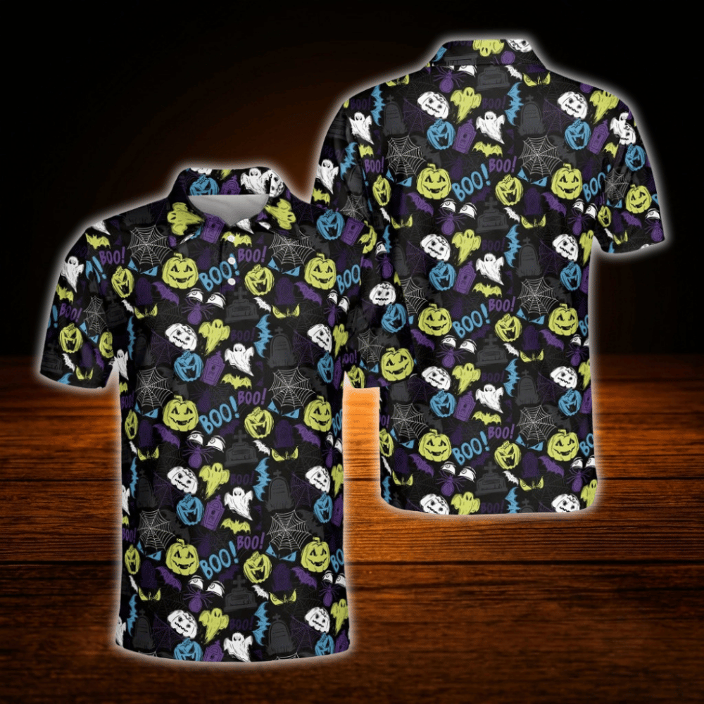 Pumpkin Ghost Halloween Golf Polo Men's, Halloween Golf Shirt