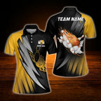 Custom Flame Blue Black Bowling Polo Shirt For Ladies, Custom Flame Bowling Team Shirt Women